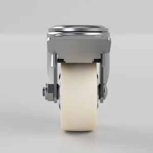 Front view of a chrome tape dispenser unrolling a beige tape roll while ready to cut.