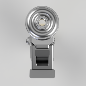Front view of a silver studio flash head mounted on a gray stand against a light gray gradient background, used in photography.