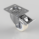 Swivel caster with a white polyurethane wheel, metal mounting plate with four holes, and a built‑in brake lever.