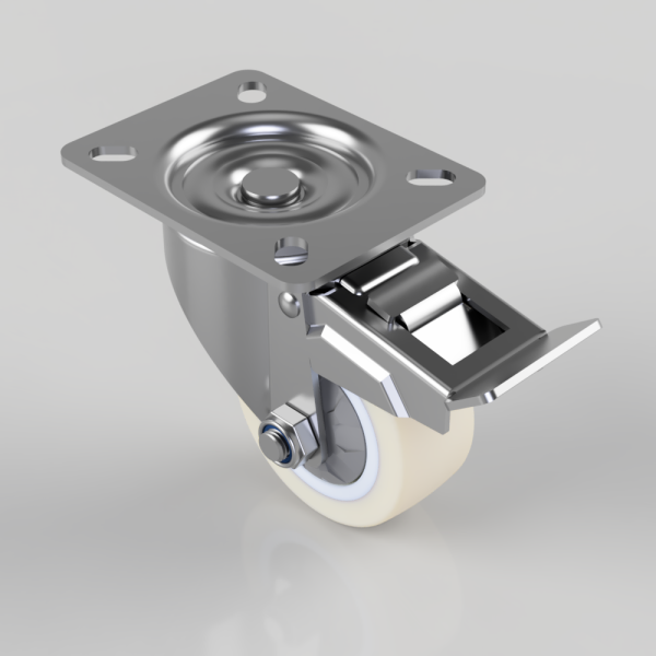 Swivel caster with a white polyurethane wheel, metal mounting plate with four holes, and a built‑in brake lever.