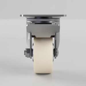 Front view of a metal caster wheel with a beige wheel, showing the mounting plate and brake/lock mechanism beneath a flat top plate.