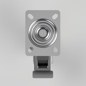 Spring-loaded roller latch mounted on a square metal plate with four screw holes, and a bottom latch assembly