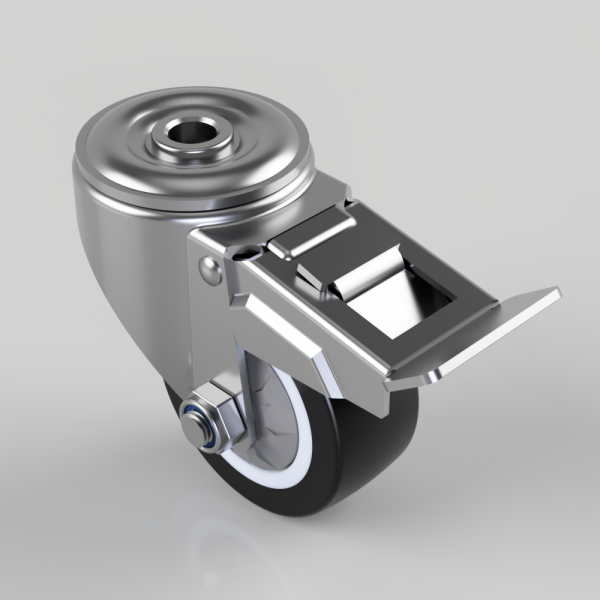 Swivel caster wheel with a built-in brake lever and metal housing on a gray background