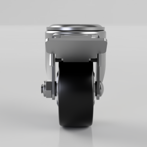 Front view of a metal caster wheel with a silver bracket and black wheel, seen head-on on a neutral background.