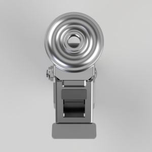 Front view of a metallic spotlight mount with a circular, ribbed head and a clamping base.