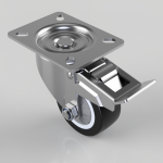 Swivel caster wheel with a metal mounting plate and a foot-operated brake lever on the side (industrial caster)