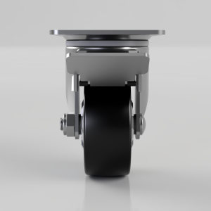 Front view of a metal caster wheel with a black rubber tire and mounting plate, showing the swivel mechanism and load bracket.