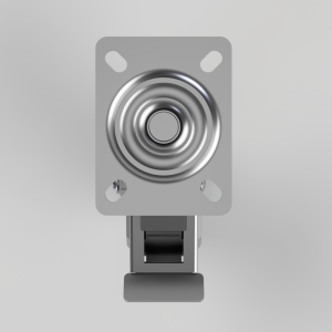 Metal mounting plate with a central circular spring/detent and a below-plate clamp, in silver and gray tones.