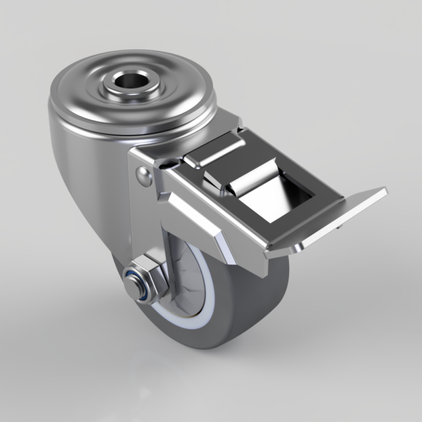 Metal caster wheel with a built-in braking lever for locking the wheel surface grip on a smooth grey background