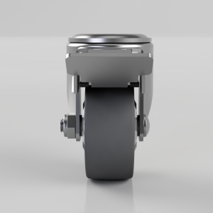 Front view of a metal caster wheel assembly with a dark grey rubber wheel and chrome fittings