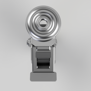 Front view of a silver studio flash head with a circular reflector atop a gray flash unit against a light gray background.