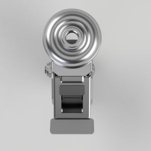 Front view of a silver studio strobe light with a circular flash head and hinged mounting bracket.