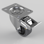 Swivel caster with metal mounting plate and brake lever engaged on a grey wheel assembly