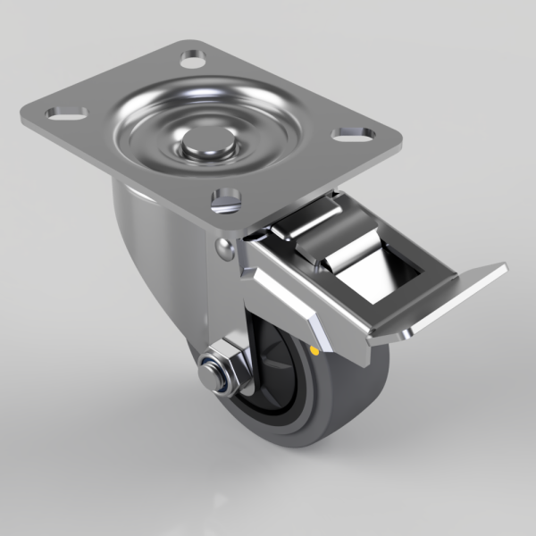 Swivel caster with metal mounting plate and brake lever engaged on a grey wheel assembly