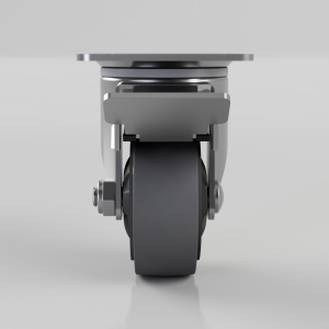 Front view of a heavy-duty caster wheel assembly with metal bracket and mounting plate on a light gray background