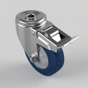 Swivel caster wheel with a blue wheel and a metal braking mechanism/lever attached.