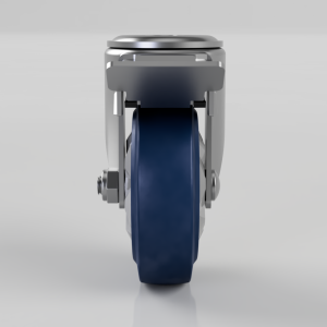 Front view of a heavy-duty caster wheel with a blue tire and metal mounting frame.