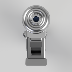 Front view of a silver studio spotlight with a round concentric reflector mounted on a stand, facing forward.