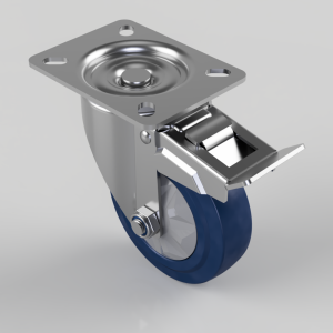 Swivel caster with blue wheel and locking brake mounted on a metal plate, used for mobility of equipment.