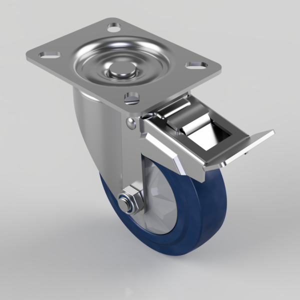 Swivel caster with blue wheel and locking brake mounted on a metal plate, used for mobility of equipment.