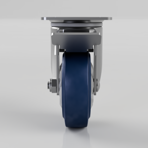 Front view of a heavy-duty caster wheel with a dark blue wheel and metal frame.