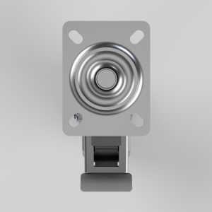 Front view of a metal push-button switch mounted on a gray rectangular mounting plate with a circular chrome plunger and mounting holes.