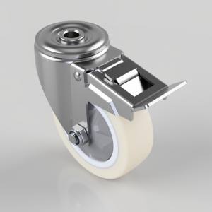 Metal caster wheel with a braking lever and white polyurethane tire; chrome frame and mounting plate visible.