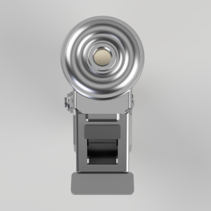 Front view of a metal studio strobe/flash head with a circular concentric reflector on a stand,