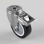 Industrial caster wheel with locking brake and mounting plate, used for furniture or equipment mobility.