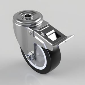 Industrial caster wheel with locking brake and mounting plate, used for furniture or equipment mobility.