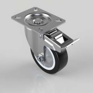 Swivel caster wheel with brake lever and four-hole mounting plate viewed from above-left angle