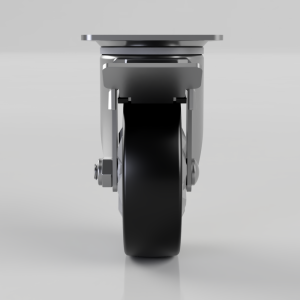 Front view of a metal caster wheel with a black rubber tire and mounting plate above it.