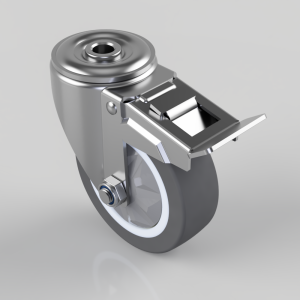 Swivel caster wheel with a metal brake lever and brake pad, used to lock movement on a gray wheel with white tire