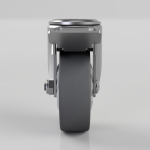 Front view of a gray caster wheel with a metal brake lever and bolt, mounted on a swivel hub.