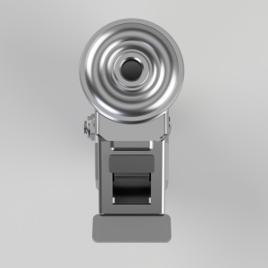 Front view of a silver theatrical spotlight mounted on a stand, facing forward with a circular lens. It’s a metal stage light.
