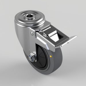Swivel caster wheel with a metal brake bracket and mounting plate on a gray background, close-up view.