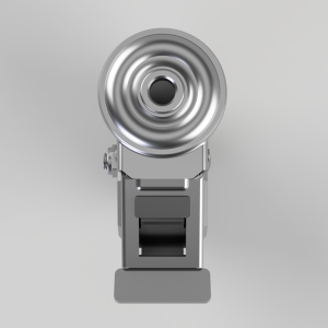 Front view of a silver studio spotlight mounted on a stand, facing the viewer.