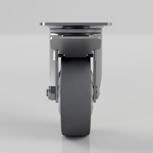 Swivel caster wheel assembly with a metal frame and grey wheel, viewed from the front.
