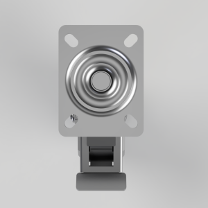 Panel-mount push-button switch on a gray square plate with a central concentric metal button and a mounting bracket below.
