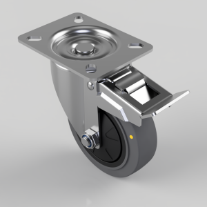 Caster wheel with a square metal mounting plate having four holes, a brake lever, and a gray polyurethane wheel on a swivel stem (industrial caster).
