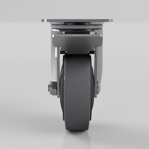 Front view of a grey polyurethane caster wheel with metal frame and top mounting plate