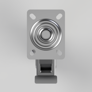 Metal mounting plate with a central spring-loaded plunger and a hinge below.