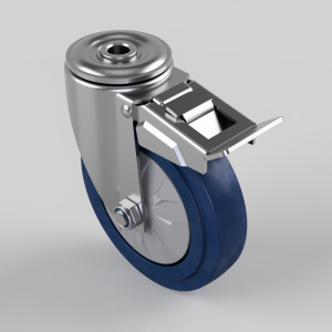 Swivel caster wheel with blue rubber tire and metal braking mechanism attached to a metal mount.