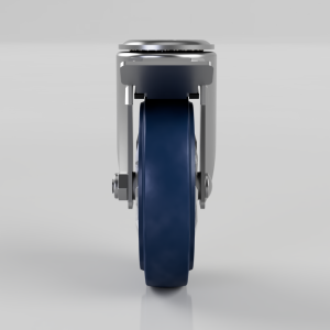 Front view of a blue caster wheel mounted in a silver metal bracket with mounting hardware, viewed head-on.