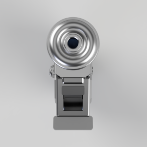 Front view of a silver studio spotlight mounted on a stand, facing the camera.
