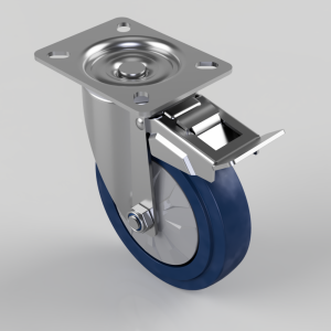 Swivel caster wheel with brake: blue polyurethane wheel, metal frame and mounting plate for furniture or equipment.