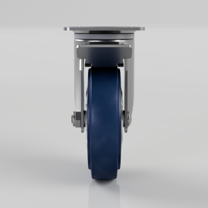 Front view of a heavy-duty caster wheel with a dark blue tire and metal mounting frame, shown from below.