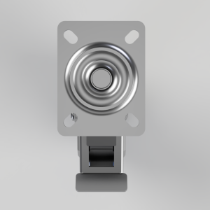Push-button switch with a round, spring-loaded plunger mounted on a gray rectangular plate with screw holes and a supporting bracket beneath.
