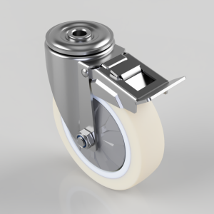 Industrial swivel caster wheel with brake lever and white tire, mounted to a metal frame.