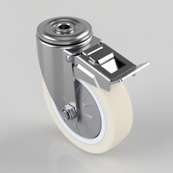 Industrial swivel caster wheel with brake lever and white tire, mounted to a metal frame.